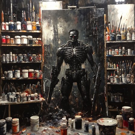 oneironartifex onefex a painting in a painting studio, terminator, darkness, very detailed<lora:oneironartifex:1.2>