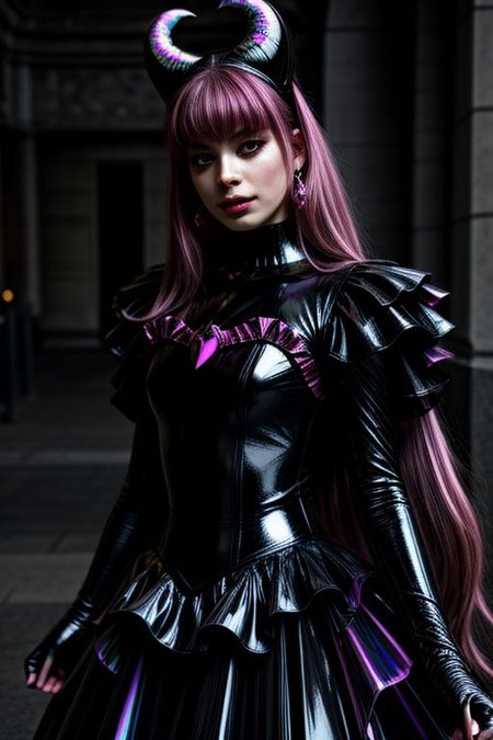 evil corrupted young princess wearing dark pastel (ruffled:1) (gleaming rubber:1.5) EvlSM DarkPrecure Bad_End_Precure gown with (long rubber cape:1) and rubber elbow bridal gauntlets, (Perfect Face:1), soft lighting, glossy red lips, ruffles,
