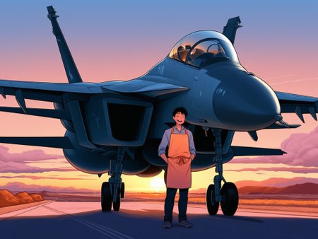 <lora:FA-18_Illustrious:1.0>,f/a-18, male focus, pilot, apron, backyard barbecue on an airbase ramp, fighter jet parked, smoke, relaxed weekend atmosphere, sunset light, warm color palette, humorous slice of life, masterpiece, best quality, amazing quality