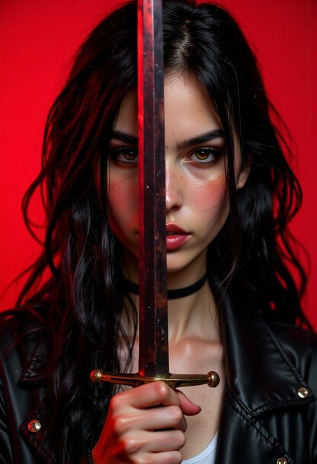 Portrait-style image featuring a woman with long, dark hair cascading over her shoulders, set against a vibrant red background. She holds a sword vertically in front of her face, the blade reflecting light. Her skin is fair, and she has distinct freckles across her nose and cheeks. Her eyes are closed, and she has a tattoo on her neck, partially visible. She wears a black, shiny jacket, adding to the dramatic and intense atmosphere of the image. The composition is striking, with a strong contrast between the red background and her dark attire, emphasizing the sword as a central element.
<lora:FluxMythP0rtr4itStyle:0.6> <lora:Midjourney_Dreamlike_Fantasy_FLUX_LoRA:0.6> <lora:Elden_Ring_-_Yoshitaka_Amano:0.33>