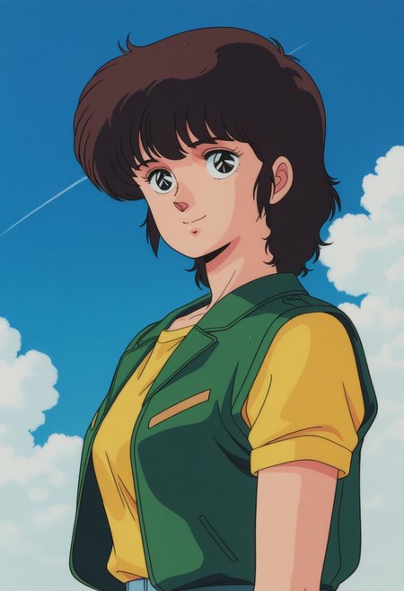 masterpiece, best quality, source_anime,official art,perfect_anatomy,1980s_\(style\),retro_artstyle,1girl,solo,rose pattenton,1girl,black eyes,brown hair,short hair,yellow shirt,short sleeves,vest,looking_at_viewer,smile,upper body,day,blue_sky,cloud