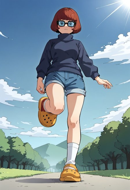 score_9, score_8_up, score_7_up, source_anime,
 BREAK 
1girl, velma, blue jacket, denim shorts, looking at viewer, from below, full body, standing, outdoors, perfect legs, perfect face, perfect eyes,
 BREAK 
yellow crocs, crocs, white socks, standing on one leg,
 BREAK 
hud_v4nspose, sky, foreshortening, perspective,