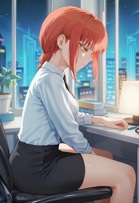 JTVeemo, score_9, score_8_up, score_7_up, masterpiece, best quality, absurdres, vibrant, highly detailed, 1girl, solo, Makima, tight white shirt, office skirt, (sitting on office chair:1.4), writing at the desk, tired face, paperworks, facing a single computer screen, office setting, night, dimlit, desk lamp on the side, window, city lights outside, from side