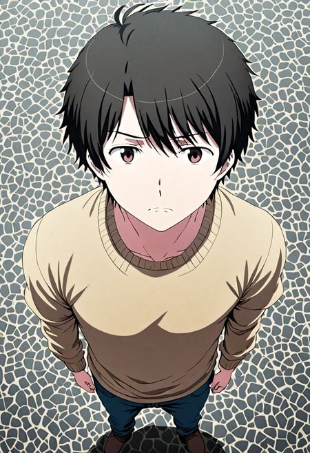 high resolution, solo, best quality, 1Boy, Inaho Kaizuka, Black Hair, standing, straight facing upwards, casual, seen from above, arrogant face, dominant, intimidate, OverallDetail