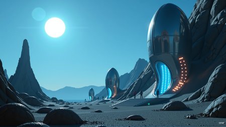 sci-fi style an alien world under a bright blue sun, the landscape is tinted blue by the light from the sun 
a shiny metal fortress reflects the blue light, the fortress is build against the side of a mountain
inside the fortress dozens of space suited humanoid figures can be seen
a glowing hemisphere envelopes the fortress, the hemisphere emits sparks where the insects come close,
outside the energy shield there are  many crawling insect like createures , they resemble milipedes and centipedes . futuristic, technological, alien worlds, space themes, advanced civilizations, score_9, score_8_up, score_7_up, hyperdetailed, hyperrealistic,  best quality, (masterpiece:1.3),high-definition, intricate details, volumetric lighting, symmetrical face, level eyes,