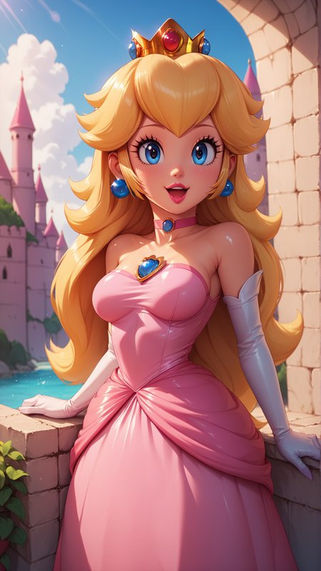 score_4,score_5,score_6,score_7_up,score_8_up,score_9 BREAK 1girl,solo,jewelry,earrings,long hair,breasts,very long hair,big hair,choker,dress,medium breasts,bare shoulders,:d,outdoors,smile,open mouth,<lora:Princess_Peach_Shiny_Style_V2:0.8>,shiny,shiny skin,princess peach,castle,