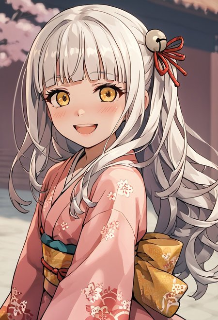 score_4,score_5,score_6,score_7_up,score_8_up,score_9 ((masterpiece,best quality,ultra detailed,highres,HD,4k:1.2)), 
1 girl,solo,face focus,
Mytyl(V1),yellow eyes,long hair,white hair, blunt bangs, side locks,bell hair ornament, hair ribbon, red hair ribbon,
Pink kimono, yellow obi, floral pattern, braided hair,
open mouth, smile, happy, blush,