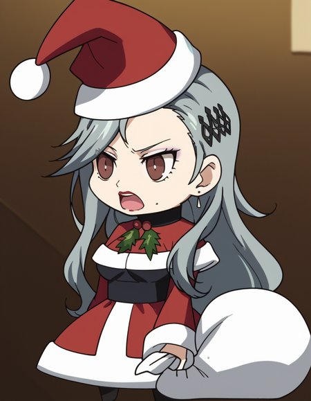 score_9, score_8_up, score_7_up, source_anime, <lora:sae-niijima-s1-ponyxl-lora-nochekaiser:1>, sae niijima, long hair, hair ornament, brown eyes, grey hair, makeup, lipstick, mole under mouth, red lips, medium breasts, mature female, anime screencap, <lora:padoru-ponyxl-lora-nochekaiser:1>, padoru, padoru (meme), holding sack, sack, santa hat, meme, christmas, open mouth, chibi, red capelet, santa dress, capelet, fur-trimmed headwear,, , dutch angle, cowboy shot