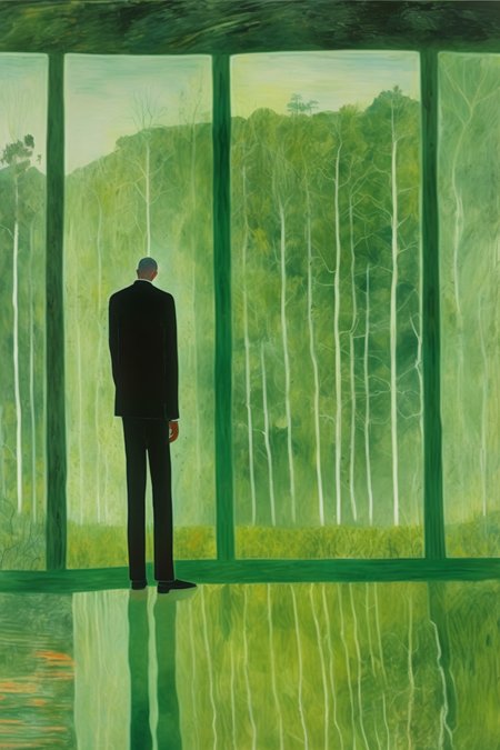 <lora:Peter Doig Style:1>Peter Doig Style - a man is in half dream, under a big windows, the outside is deep green summer. The painting is in the style of peter doig