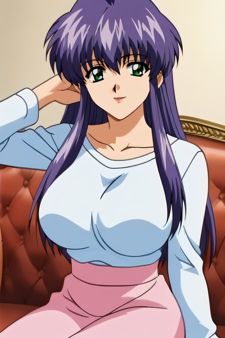 score_9, score_8_up, score_7_up, source_anime, rating_safe, intricate details, anime screencap, official style, 1girl, solo, retro eyes, <lora:Serizawa_Hiroko:1>, serizawahiroko, detailed lips, large breasts, purple hair, long hair, green eyes, white shirt, long sleeves, collarbone, pink skirt, long skirt, sitting on couch, indoor, looking at viewer, smile, cowboy shot, closed mouth, hand on hair