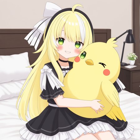 inis, blonde hair, ahoge, streaked white hair, green eyes, black headband with white ribbon, virtual youtuber, 
anime drawing, hugging a giant yellow bird plushie, happy, bedroom, indoors, 
<lora:INIS-XL-t2-000003:0.6>
