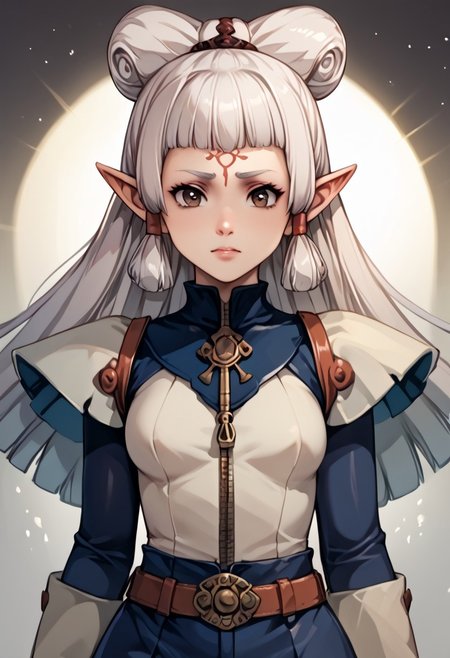 score_9, score_8_up, score_7_up, score_6_up, score_5_up, score_4_up, source_anime, , (best quality) , (highly detailed) , (best quality) , (highly detailed) ,((masterpiece)), ((best quality)), (ultra-detailed), ((extremely detailed)), (high resolution), 4K, (8K), best quality, (beautiful), (dynamic lighting), (super detailed skin), sharp focus, (1_girl, solo focus), masterpiece ,absurdres ,detailed face ,beautiful face , Shiny Skin, bowpaya, paya, elf ears, pointy ears, White hair,  pointy ears, brown eyes, forehead mark
 light rays, (light particles), 
pauldrons, belt, bodysuit, zipper, chain, badge, elbow pads,, gloves, 
 (portrait, Upper body), OverallDetail,