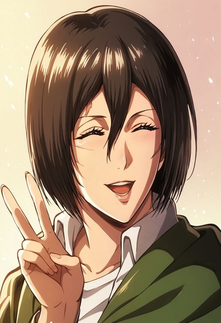 1girl,mikasa ackermann, beautiful face, detailed eyes, detailed face, scar on right cheek, smiling, mouth open, eyes closed, peace sign with one hand