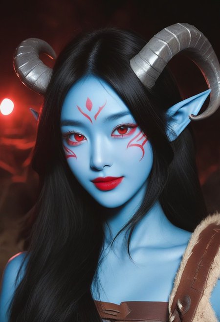 krgrl, korean girl, cute korean girl, korean makeup, korean eyes, realistic, 1girl, portrait, beautiful, tiefling shaman, black hair, (long hair:1.3), side bangs, horns, barbarian, gladiator, war paint, tribal markings, long tail, blue skin, red lips, red eyes, glowing eyes, (smug:0.85), dramatic lights, detailed
