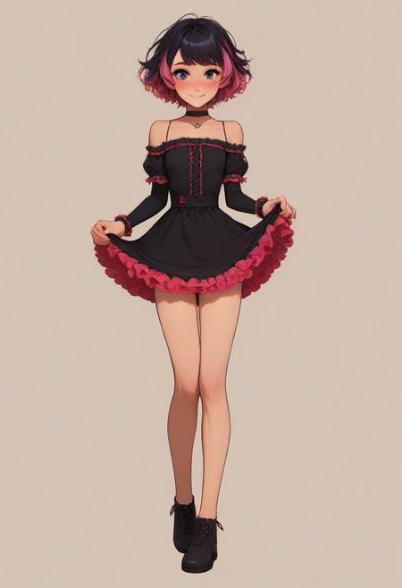 score_9, score_8_up, score_7_up, score_6_up, Roxy Spaulding, 1girl, 18 years old, perfect face, cute, petite, adorable face, detailed background, cozy interior background, medium distance, dynamic pose,
multicolored hair, black hair, purple hair, pink hair, short hair, black choker, necklace, black dress, frilled dress, bare shoulders, short sleeves, arm warmers, 
black clothes, pink clothes, teasing, skirt lifted by self,
blush, shy smile, full body shot, long legs, short dress, bare legs,