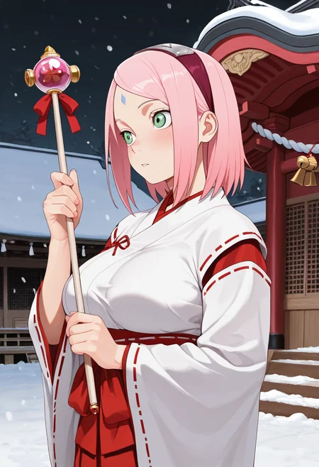 masterpiece, best quality, amazing quality, ultra detailed, 1girl, solo, adult, sakura haruno, pink hair, slender, miko clothes, shrine, snow, dark night, upper body, wand, bells, pose,, <lora:YUE_C_Style_IL:0.81>
