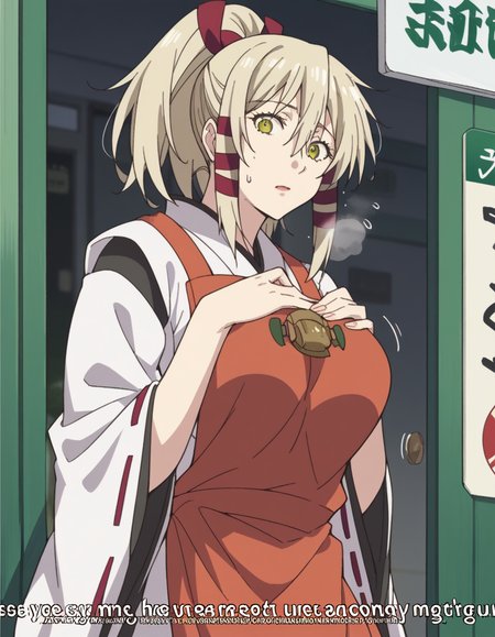 score_9, score_8_up, score_7_up, source_anime, <lora:uka-no-mitama-no-kami-s1-ponyxl-lora-nochekaiser:1>, uka no mitama no kami, long hair, blonde hair, hair ribbon, yellow eyes, ponytail, tress ribbon, large breasts,, japanese clothes, miko, apron, red apron,, bus stop, waiting, commuter, smartphone, checking time, cold morning, , looking at viewer, hands on own chest,, solo,, cowboy shot, dutch angle,