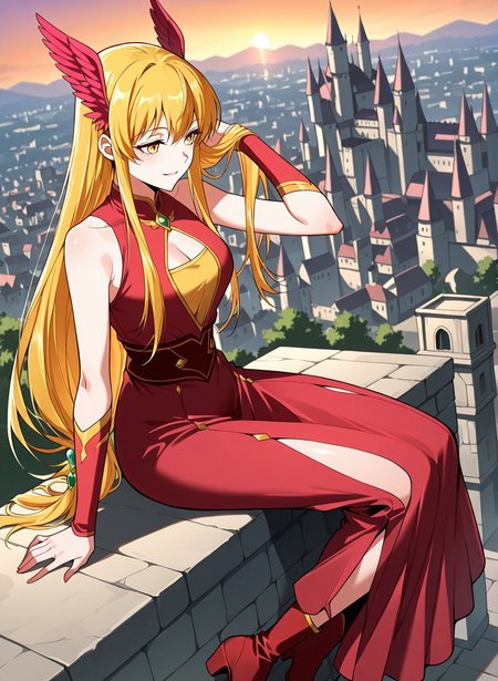 <lora:Chi_Ling__Illustrious:1>
1 girl, solo, yellow eyes, yellow hair, long hair, loose hair, sidelocks, medium breasts
long dress, red dress, cleavege, hair ornament, cleavage cutout, clothing cutout, head wings, bare shoulders, sleeveless, long red skirt, red boots
score_9, score_8_up, score_7_up, very aesthetic, source_anime, detailed, high quality, beautiful, masterpiece, detailed eyes, castle, village, blurry background, cityscape, pose dynamic angle, light smile, open mouth, hand on hair, sitting