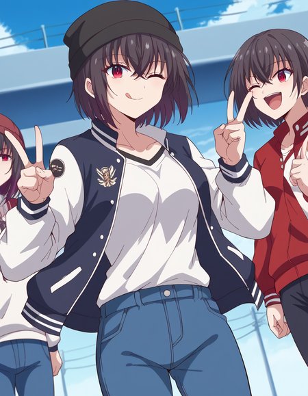 score_9, score_8_up, score_7_up, source_anime, <lora:shary-shadow-assassin-s1-ponyxl-lora-nochekaiser:1>, shary shadow assassin, short hair, black hair, red eyes, bangs, crossed bangs, medium breasts,, <lora:letterman-jacket-ponyxl-lora-nochekaiser:1>, letterman jacket, jacket,, outdoors, crowd, people, v, v over eye, one eye closed, tongue out, smile, beanie, pants, open clothes, open jacket, , dutch angle, cowboy shot