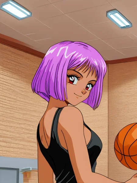 <lora:1990-mahjong-gals:1>1990s (style), gals panic s2, BBallGal,black tank top,  1girl, breasts, retro artstyle, solo, red eyes, 1990s (style), pink hair, ball, ceiling light, medium breasts, short hair, indoors, looking back, dark skin, smile, upper body, basketball (object), ceiling, basketball, dark-skinned female, from behind, looking at viewer, purple hair, tiles, brick wall,âââ