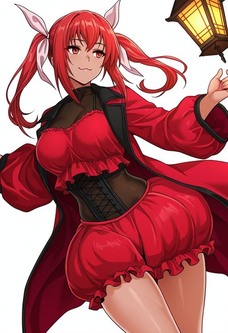 Smooth Quality,masterpiece,very intricate, high quality details, ultra realistic, high detailed skin,detailed enviorement,absurdres,
simple background, white background,  solo,dutch angle,solo,dancing, 
 <lora:Dorothea_Gale_CNR:0.8> dorothea_cnr, 1girl,red hair, long hair, twintails, red eyes,large breasts, skindentation,hair ribbon,, afterglow,, :3,, long coat, ,lantern sleeve blouse,  ,bubble skirt,  ,