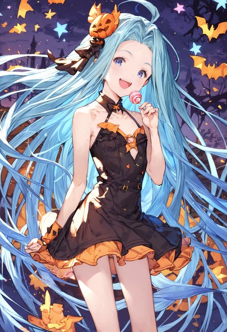 score_9, score_8_up, score_7_up,score_6_up, source_anime, best quality, aesthetic, absurdres, 
halloween, halloween costume, official alternate costume, hair ornament, (miniskirt:1.2), holding lollipop candy,
1girl, solo, smile, upper teeth only, (clear eyes:1.1), looking at viewer,
Lyria (Granblue Fantasy), very long hair, blue hair, (body_slim:1.1), small breasts, bare legs, 
<lora:Lyria-Pony:0.8>  <lora:IshikePony:0.2>
