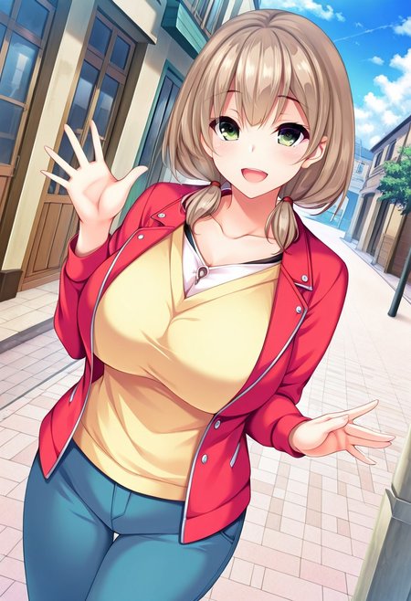 general,highres, ultra-detailed,very aesthetic,best quality ,best hands,best eyes,easynegative,
dynamic anglre, dutch angle, anime cloring,
1girl solo,looking at viewer,smile,town, open mouth, waving hand, 
Ayane Anekawa,long_hair, blonde_hair, green_eyes, huge_breasts,shirt,pants,jacket,