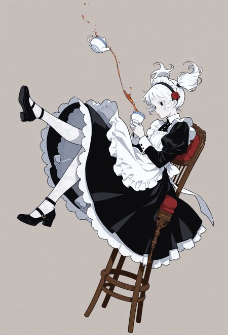 masterpiece, best quality, absurdres, minimalism, flat color,
1girl, solo, maid, maid apron, short black dress, long sleeves, white lace pantyhose, maid headdress, white embroidery, pale skin, red rose ornament on hair, white hair, white eyelashes, white eyebrows, porcelain skin, black eyes, glossy lips, short hair, twintails, cute, falling, midair, from side, drinking a cup of tea, floating ornate chair, floating chinaware, floating fancy paintings