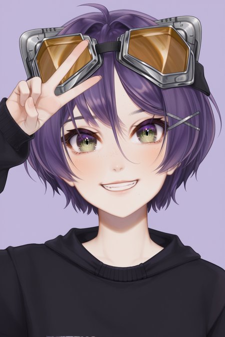 score_9, score_8_up, score_7_up, 1girl, portrait, short hair, purple hair, light green eyes, looking at viewer, jeanfaymas, purple background, eyelashes, grin, happy, side view
officialjets, hair ornament, interface headset, (black hoodie, goggles on forehead)
<lora:jeanfaymas-pxl:1>
upper body, dynamic angle, posing, (v), chin up, raised chin, head tilt