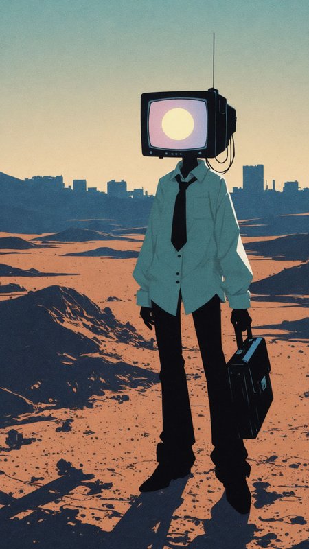 solo, <lora:add-detail-xl:1>, (toon \(style\):1.3), (minimalism:1.4),
masterpiece,best quality, incredibly absurdes,
Man with old CRT computer monitor as head, standing in an open field, wearing a white dress shirt, loose black tie, and black pants, holding a vintage leather briefcase, melancholic and surreal atmosphere, muted color palette, warm nostalgic lighting, gentle sunset glow, dystopian and cyberpunk undertones, retro-futurism, digital alienation, societal commentary, high-quality analog photography aesthetic