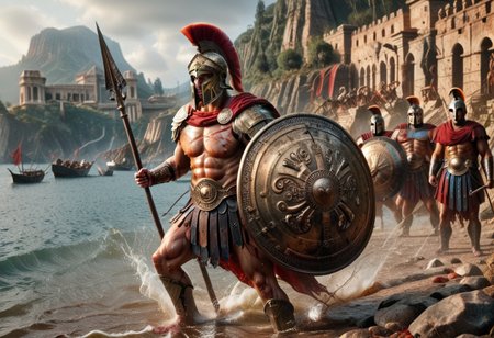 score_9, score_8_up, score_8, male spartan warrior, hyper-realistic, bronze armor, Corinthian helmet, red horsehair crest, muscular physique, large round shield, ancient Greek symbols, battle scars, long spear, poised for thrust, rugged mountainous terrain, dusty battlefield, intense focus, unyielding determination, earthy tones, bronze, brown, historical authenticity <lora:SpartanArmor:0.5> Spartan armor, Spartan helmet, red cloak, <lora:Spartan_Spear_and_Shield:0.75>, spear warrior, background ancient Greek mountain coastline with a view of the Greek Aegean Sea with boats and Greek islands, <lora:add-detail-xl:0.65>, <lora:blood bath-GMR:0.35> Blood Bath,  <lora:d\EnvyActionShotXL01:0.65> action shot