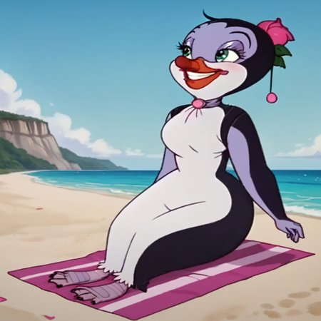 score_9, score_8_up, score_7_up, BREAK,  1girl, female penguin, on the beach, cloud, green eyes, purple skin, bird, hairy, lying on a blanket, full body, hands on the back of her neck, smiling,