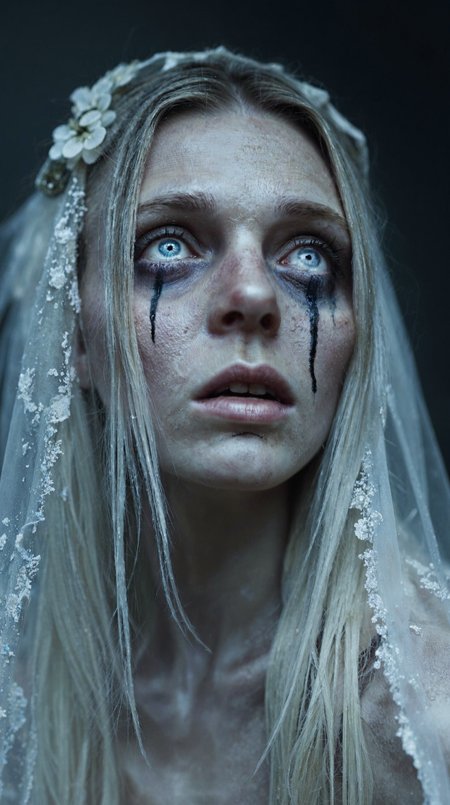 An extreme close-up portrait of a ghostly young bride, her pale, ethereal and translucent face bathed in an eerie, soft light.
She tilts her head upward, her glowing blue eyes filled with sorrow, as thick, ice blue tears stream down her cheeks, leaving dark, inky trails against her ashen, almost translucent skin. 
Her expression is one of utter sorrow, her slightly parted lips trembling as if caught in a silent wail of grief.

Her delicate and translucent wedding veil, tattered and frayed with age, drapes over her hair and shoulders, blending into the misty, blurred background. 
Wisps of her disheveled, silvery-white hair escape from beneath the fabric, moving slightly as if stirred by an invisible wind. 
The lighting is moody and cinematic, with a faint glow illuminating her features, creating a stark contrast between her haunting beauty and the dark tears of sorrow.

The background is intentionally obscured, fading into a ghostly haze of cold blues, grays, and deep shadows, reinforcing the supernatural and tragic atmosphere. 
The overall composition is intimate and unsettling, drawing the viewer into the raw, heartbreaking pain of this ethereal, weeping phantom bride.
