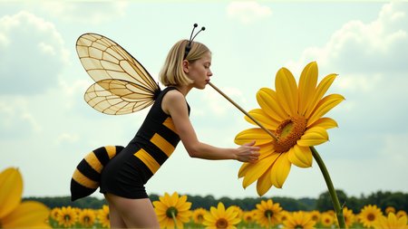 cinematic photo a (25 year old girl:1.5), she has huge bee wings attached to her back and bee antennae attached to her head, she's wearing a( black and yellow:1.2) horizontally striped figure hugging lycra minidress, the dress has a human sized (fuzzy bee abdomen attached sticking out at the butt:1.3)
she has blonde hair in a bob cut, she has a slim figure and long legs, she has medium sized breasts
she's hovering in midair in front of a enormous flower, the flower is bigger than the girl, ready to drink it's nectar through a long straw, the straw is held in her hand with the end (stuck into the flower:1.3)
she's in a meadow of enormous wild flowers,, score_9, score_8_up, score_7_up, hyperdetailed, hyperrealistic,  best quality, (masterpiece:1.3),high-definition, intricate details, volumetric lighting, symmetrical face, level eyes, . 35mm photograph, film, bokeh, professional, 4k, highly detailed