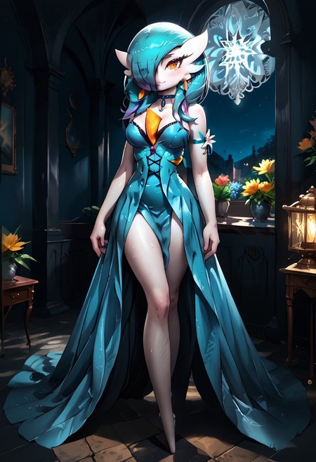 (((gardevoir))), female, anthro, pale white skin,
BREAK, (best quality:1.2),beautiful,perfect eyes,perfect face,1girl, masterpiece, best quality, Gardevoir, solo, <lora:Sotchosis-000018:0.7>, <lyco:GoodHands-beta2:1.0>(masterpiece:1.4), score_9, score_8_up, score_7_up, high detailed, high quality, masterpiece, quality highlights, 8k details, detailed background, source_anime, dynamic view, (ultra detailed), 
BREAK, Gardevoir, breasts, solo, blue_eyes, large_breasts, jewelry, earrings, hair_ornament, looking_at_viewer, long_hair, cleavage, night, white_hair, choker, indoors, bangs, flower, bare_shoulders, smile, dress, hair_ribbon, hair_flower, closed_mouth, blue_dress, window, ribbon, sleeveless, cowboy_shot, night_sky, blush, lamp
Detailed lines in high quality, shining glossy skin, soft lighting, soft skin, realistic skin, blum effect, masterpiece, absolutely eye-catching, oiled, sweaty, sweat drops, sweat, simple background, spotlight, dutch_angle, full body,
BREAK, (Background: dark fantasy , botanical garden:1.2), no humans, anime style