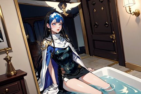 highly insanely detailed, masterpiece, top quality, best quality, highres, 4k, 8k, RAW photo, (very aesthetic, beautiful and aesthetic),  
beth_\(megami_tensei\),bethsmtii,shin megami tensei ii,long hair,black hair,straight hair,sleek black,jewelry,cross,headband,red_lipstick,white cape,cape_with_messian_symbol,Religious_cape,messian_symbol_cape,holy_knight_cape,Blue_dress,armored_corset,blue shirt,Tokyo_Millennium,post-apocalyptic_city,dystopian_world,Millennium_News_Network,City_news,propaganda_broadcasts,information_contro,Order_of_Messiah,Religious_order,messianic_cult,divine_rulers, 
<lora:zs_Beth:0.5>, 
(1girl:1.3), 1other, 
(vintage Room divider) made of velvet material, metallic gold color, minimalist style, adjustable height, carved legs, glossy finish, crystal accents, located in a luxurious bathroom with a freestanding bathtub, marble countertops, soft lighting, at sunset,soft lavender background,âââ
