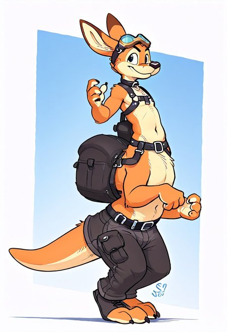score_8_up,score_9, score_7_up, solo, male, kangaroo, black hoodie, taur, black collar, friendly expression, friendly pose, kangaroo tail, abstract background, technical background, looking at viewer, source_furry, anthro, furry, winking, goggles, (taur:1.4), side view, black leather boots, black belt, (cargo pants), by s1m, side view, rearing, plantigrade, harness, standing,