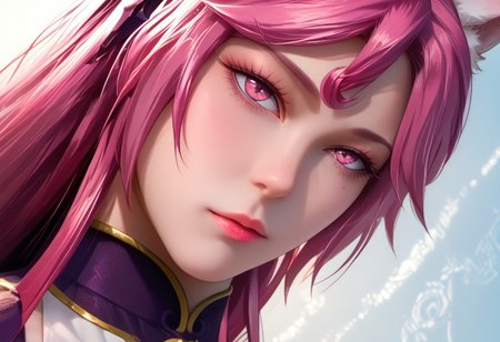 YinMei, pink eyes, pink hair, long hair, fox ears, fox tails, classic clothes, perfecteyes, hyper detailed,  hyper realistic, score_9, score_8_up, score_7_up, 8k, best quality, high quality, natural lighting, intricate, soft warm lighting, realistic, hyper realistic, Ultra HD quality ,bedroom, standing, posing, from below, close-up,