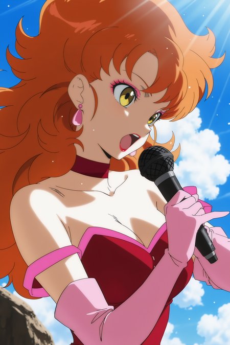 anime screencap, masterpiece, best quality, amazing quality, very aesthetic, absurdres,  newest, (scenery, volumetric lighting), official style, dappled sunlight, light particles, light rays,
piiza, official style, 1girl, solo, long hair, orange hair, breasts, yellow eyes, makeup, lipstick, cloud, cleavage, collarbone, bare shoulders, medium breasts, earrings, red choker, off shoulder, elbow gloves, yellow legwear, pink gloves, red legcape, red leotard, upper body, rock, outdoors, holding microphone, day, sky, arm up, singing, open mouth, light rays, 
 <lora:GirlsofDB_Pack1_IL:0.8>
