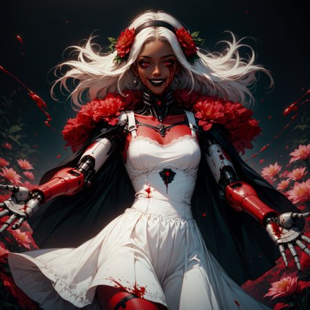 (score_9, score_8_up, score_7_up, zPDXL),
BREAK
(outdoors:1.0), (tall flowers:1.1), (lycoris flower:1.0), (red spider lily flower:1.0),
BREAK,
dark-skinned female,  (cowboy shot:1.1), (1girl:1.0), (white hair:1.1), (white dress:1.1), (sadistic:1.0), (evil:1.0), (sinister:1.0), (hysterical:1.1), (smiling:1.0), (psycho:1.1), (bloodstains:1.1), (blood splatter:1.1), (covered in blood:1.2), (blood:1.2), (CryingBlood:1.0), (looking at viewer:1.0), black lipstick, red skinhighly detailed, female focus, robot, cyborg , android, mechanical arms, cybernetic neck, bionic torso, bionic skin, reaching towards viewer,
BREAK,
(horror:1.0), (noir:1.0), (red:1.1), (crimson:1.1),
BREAK
thick lineart, sharp edges, cel shading, linear hatching, black and white comic-noir aesthetics, film noir atmosphere, high contrast, duotone,