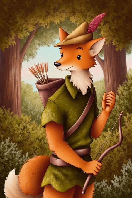 illustration.
An anthropomorphic fox standing upright, dressed as Robin Hood. It wears a green tunic, a quiver filled with arrows slung over its back, and a hat adorned with a red feather. The fox's fur is a warm orange color with a white underbelly and the tip of its bushy tail.
Background is Sherwood Forest. <lora:alicesa1_cap_d6a3:1.0><lora:830704399690133847:0>