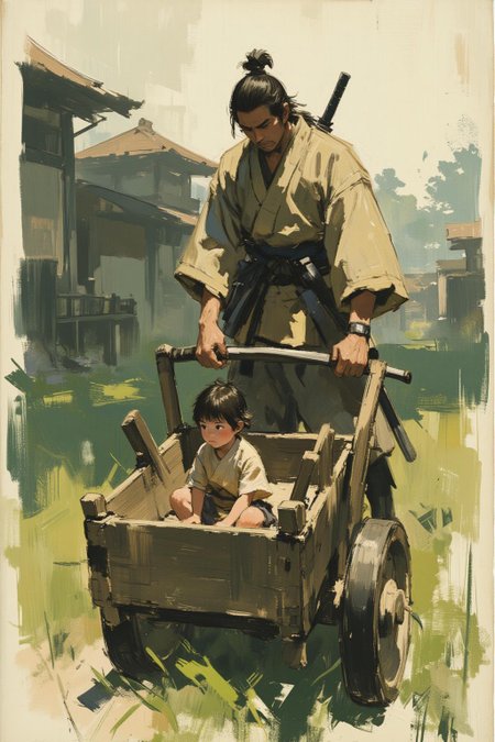 sketch painting. A stoic samurai dressed in traditional tattered kimono pushes a wooden cart through a serene yet dangerous landscape. Inside the cart sits a small child, quietly observing the world with wide eyes, drawing clear inspiration from "Lone Wolf and Cub." The samurai's hand grips the handle of the cart firmly, while his other hand rests on the hilt of his katana, ready for any threat. The background is a misty forest or ancient village, with hints of danger lurking in the shadows. The scene exudes a sense of duty, protection, and the quiet intensity of a warrior's journey. <lora:Eldritch_Paint_Sketch_for_Flux_1.0.5:0.5><lora:776873345481317061:0>