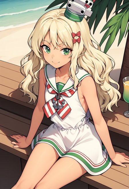 score_9, score_8_up, score_7_up, score_6_up, score_5_up, score_4_up, BREAK, cowboy shot, beach, sitting, bar \(place\), italian flag, smile, 
<lora:grecalev1:1>, grecalekc, blonde hair, green eyes, hair bow, tan, grecalebase, long hair, wavy hair, sleeveless dress, neckerchief, white sailor collar, anchor, hat,