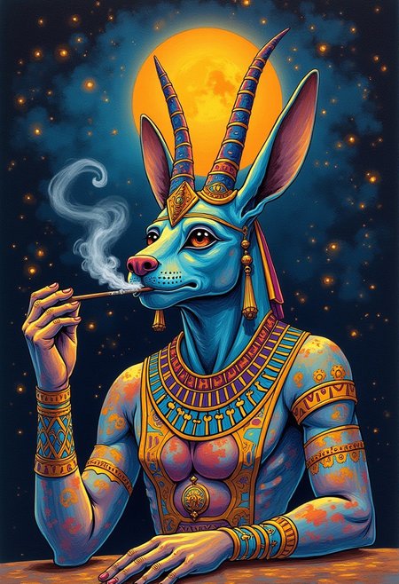 a drawing of Lunar Anubis, Egyptian psychadelic journey, a pharoh having a psychadelic vision, from tree of life, DMT trip, Smoking from the pipe of knowledge, ((sigil of pyramid, sigil of great power, frames cube FancyTurning:1.5), (three planes) X Y Z in occult space, colorful psychedelic Egyptian themed trip, drinker of the tree of knowledge, Ankh, eye of hours, smoking,