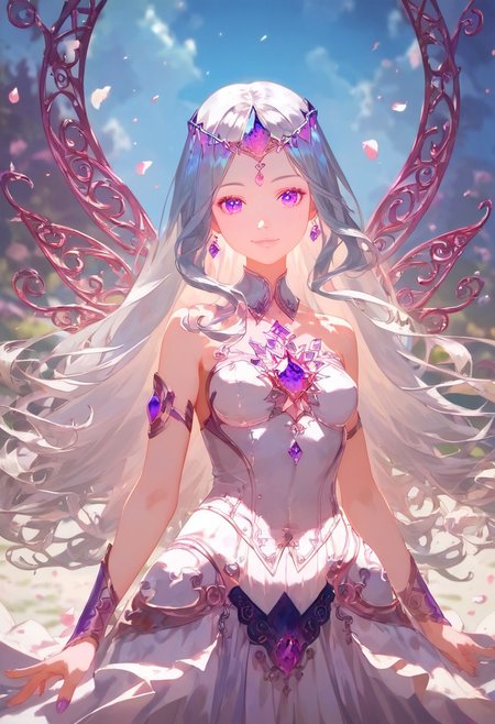 score_9, score_8_up, score_7_up, score_6_up, Expressiveh, ultra detailed, high resolution, absurdres, masterpiece, 
1girl, beautiful, aesthetic, dynamic pose, perfect hands, perfect anatomy, happy, looking at viewer, petite, short, detailed face, beautiful face, detailed eyes, beautiful eyes, 
bijou, long hair, dynamic hair, silver hair, purple highlight, purple eyes, small breast, detailed outfit, embellished outfit, 
beautiful scenery, aesthetic scenery, detailed background,
depth of field,