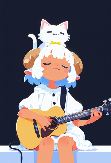masterpiece, detailed, high res, ultra high res, absurd detail, newest, haiz_ai, no lineart, no outline, 1girl, sheep girl, cute, playing guitar, morning, :3, small cat asleep on head,  <lora:haiz_ai_illu:1.0> haiz_ai, no lineart,no outline,