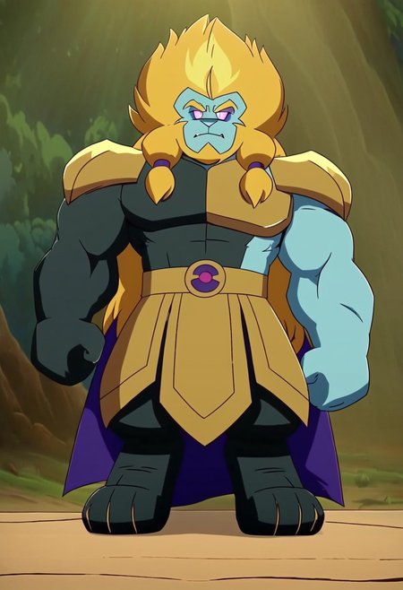 Azure lion ,solo,Lion furry,neutral expression,looking at the viewer,long hair,blue skin,muscular,braid,blonde hair,standing,front view,full figure,full body,full body shot,forest background with a clear sky.MASTERPIECE, PERFECT, EXCELLENT, GREAT MASTERPIECE score up9, precise and clear,magenta eyes with white pupils,