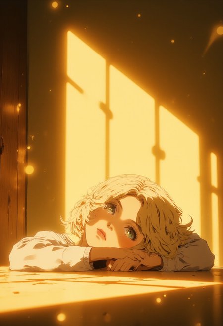 The scene is bathed in a soft, golden glow that casts an ethereal light across the subject's face. The warm illumination seems to emanate from behind them, creating a radiant halo effect that highlights their features with gentle precision. Their head rests against a smooth surface, suggesting a moment of stillness or contemplation. The light filters through their hair, which appears fine and delicate, adding texture to the otherwise serene composition.
Their eyes are open, gazing directly into the camera with an expression that feels both introspective and calm. The warmth of the light accentuates the contours of their face, casting subtle shadows that add depth and dimension. The glow illuminates their skin softly, giving it a luminous quality that enhances the overall sense of tranquility.
The background is minimalistic, almost monochromatic, allowing the focus to remain entirely on the subject. The simplicity of the setting emphasizes the intimate and peaceful nature of the moment. The interplay between light and shadow creates a harmonious balance, evoking a feeling of quiet reflection and inner peace. It is as though time has paused, capturing a fleeting instant where the subject is at ease, basking in the gentle embrace of the golden light., <lora:FLUX\jul\J_Anime:0.7>, <lora:FLUX\RealAnime:0.7>