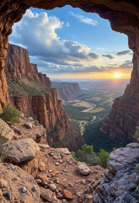 a vibrant colorful photo of an intense sunset in the Grand Canyon.
 outdoors, desert, rocks, Location , Scenery , Cloud
