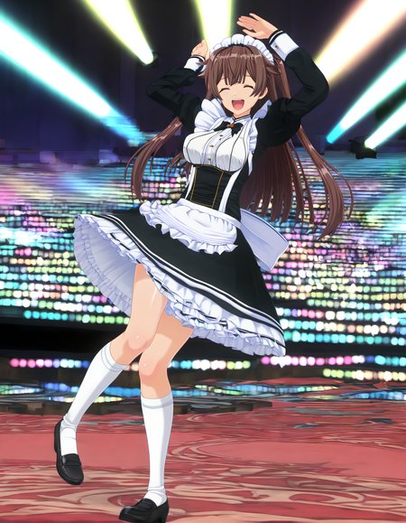 <lora:pony_xl_muku:0.8>,muku,score_9,source_anime,best quality,masterpiece,super fine illustration,1girl,jump,arm_up,bouncing breasts,laughing,front view,lens_flare,hair_flaps,stage,spotlight,arched_back,outstretched_arm,wind_lift,arms_up,maid,black dress,maid apron,puffy sleeves,long sleeves,frills,white socks,kneehighs,black footwear,